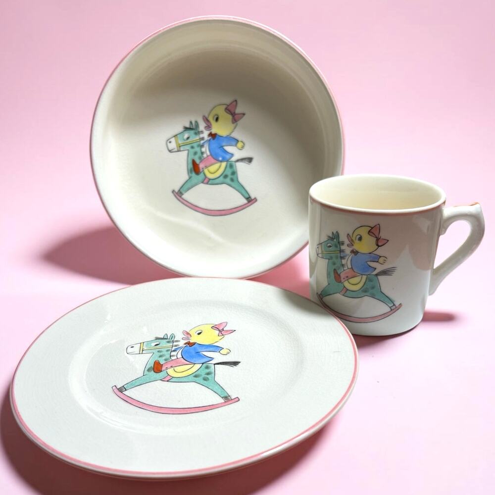 Vintage Made in Japan Child Dinner Set Duck Chick Rocking Horse Mug Bowl Plate